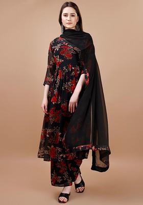 Black Embroidered Poly Blended Kurta Sets