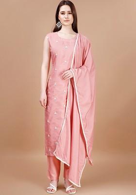 Peach Embroidered Poly Blended Kurta Sets