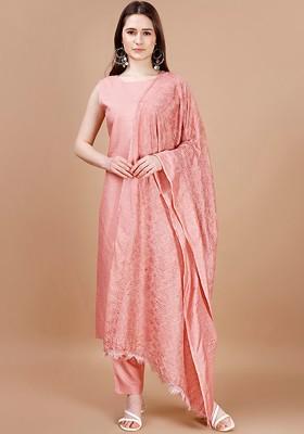 Peach Embroidered Poly Blended Kurta Sets