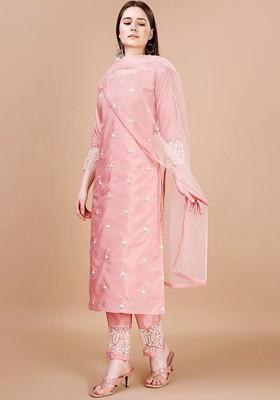 Peach Embroidered Poly Blended Kurta Sets