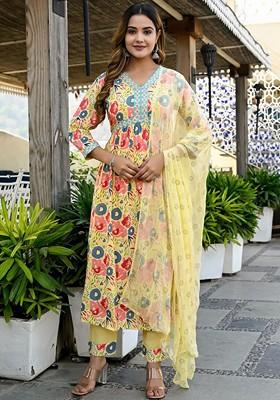 Yellow Embroidered Poly Blended Kurta Sets