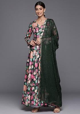 Green Embroidered Poly Blended Kurtas