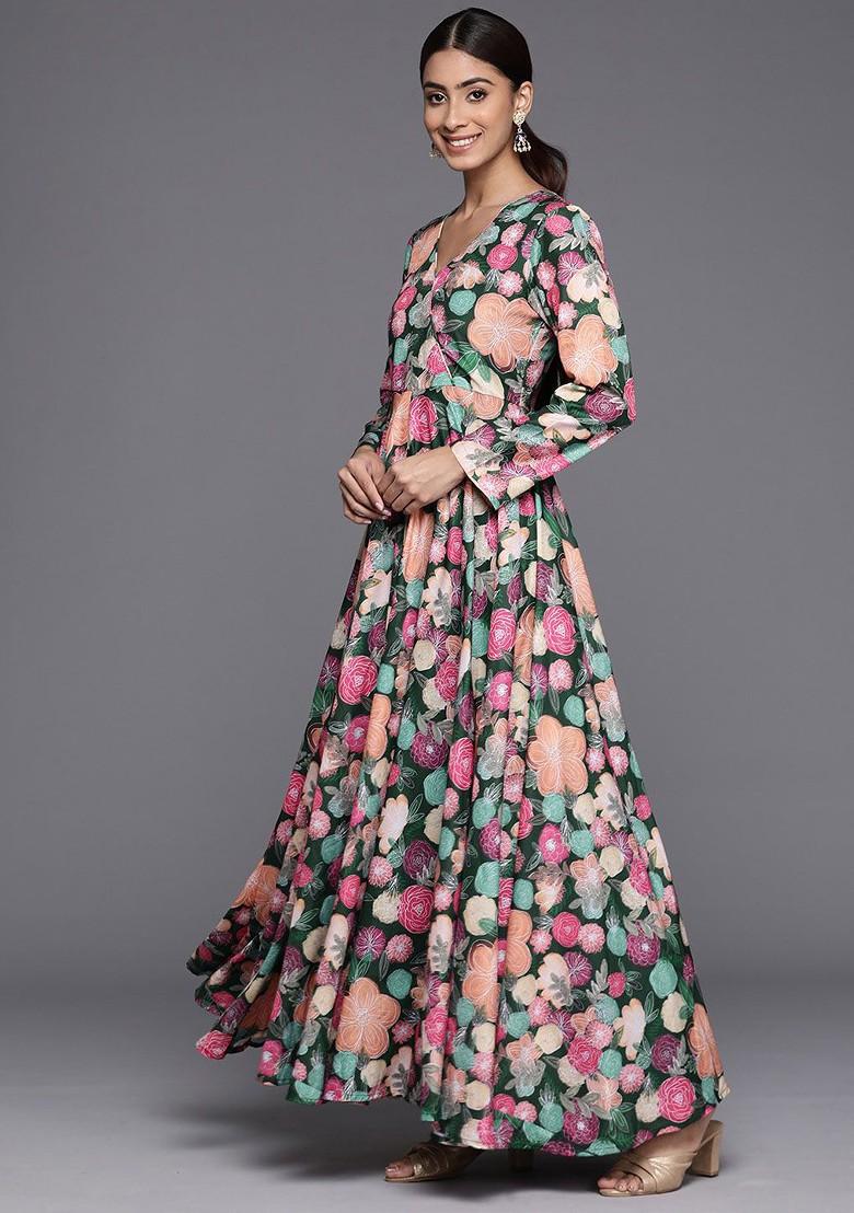 Green Embroidered Poly Blended Kurtas - Indya