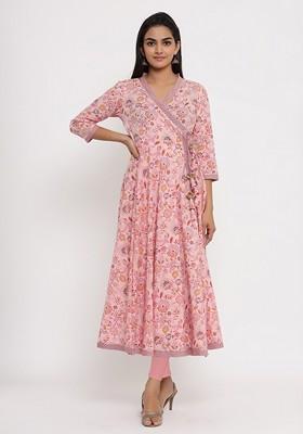 Pink Embroidered Poly Blended Kurtas