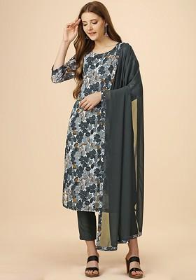 Grey Embroidered Poly Blended Kurta Sets