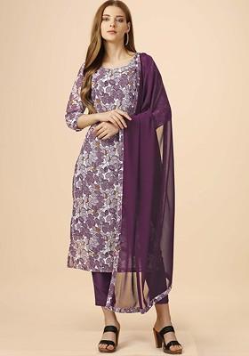 Burgundy Embroidered Poly Blended Kurta Sets