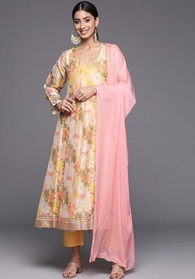 Yellow Embroidered Poly Blended Kurta Sets