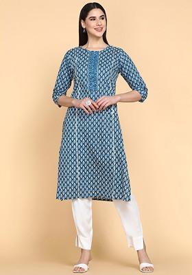 Blue Embroidered Poly Blended Kurtas