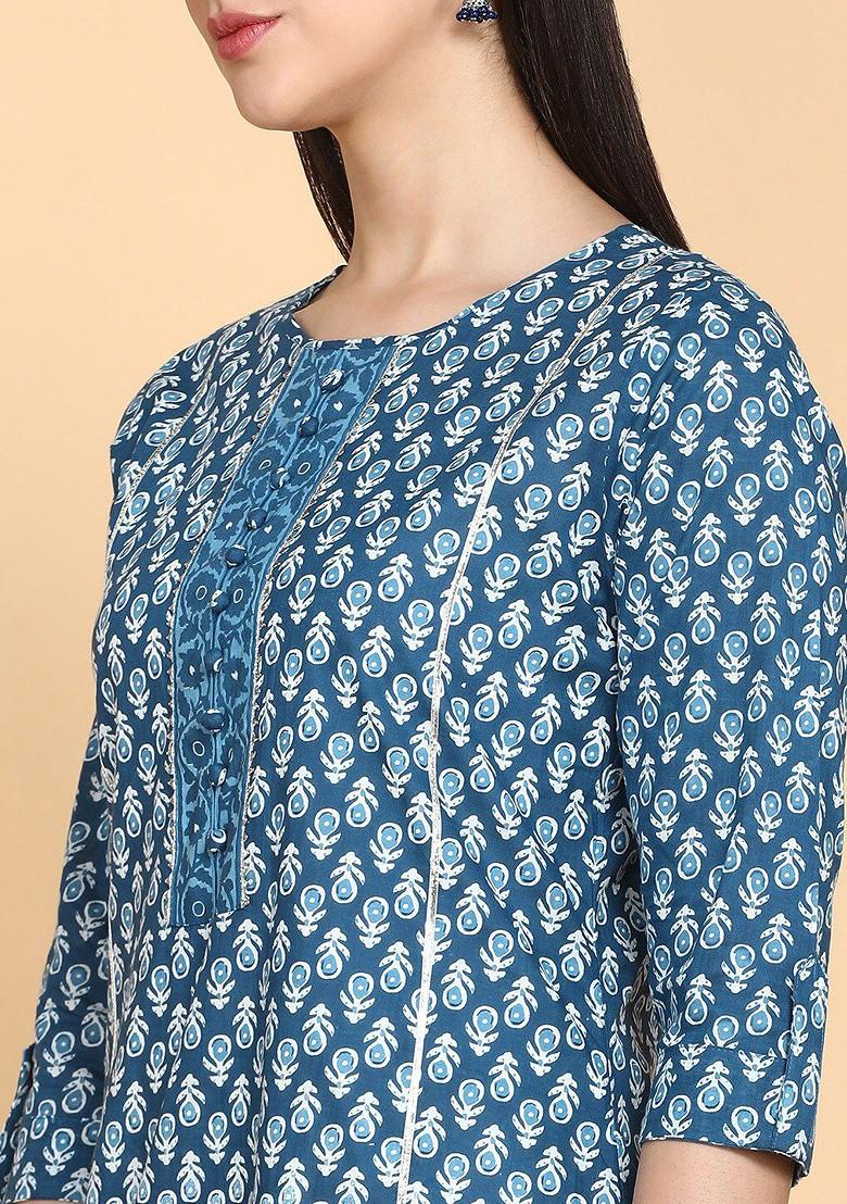 Blue Embroidered Poly Blended Kurtas - Indya
