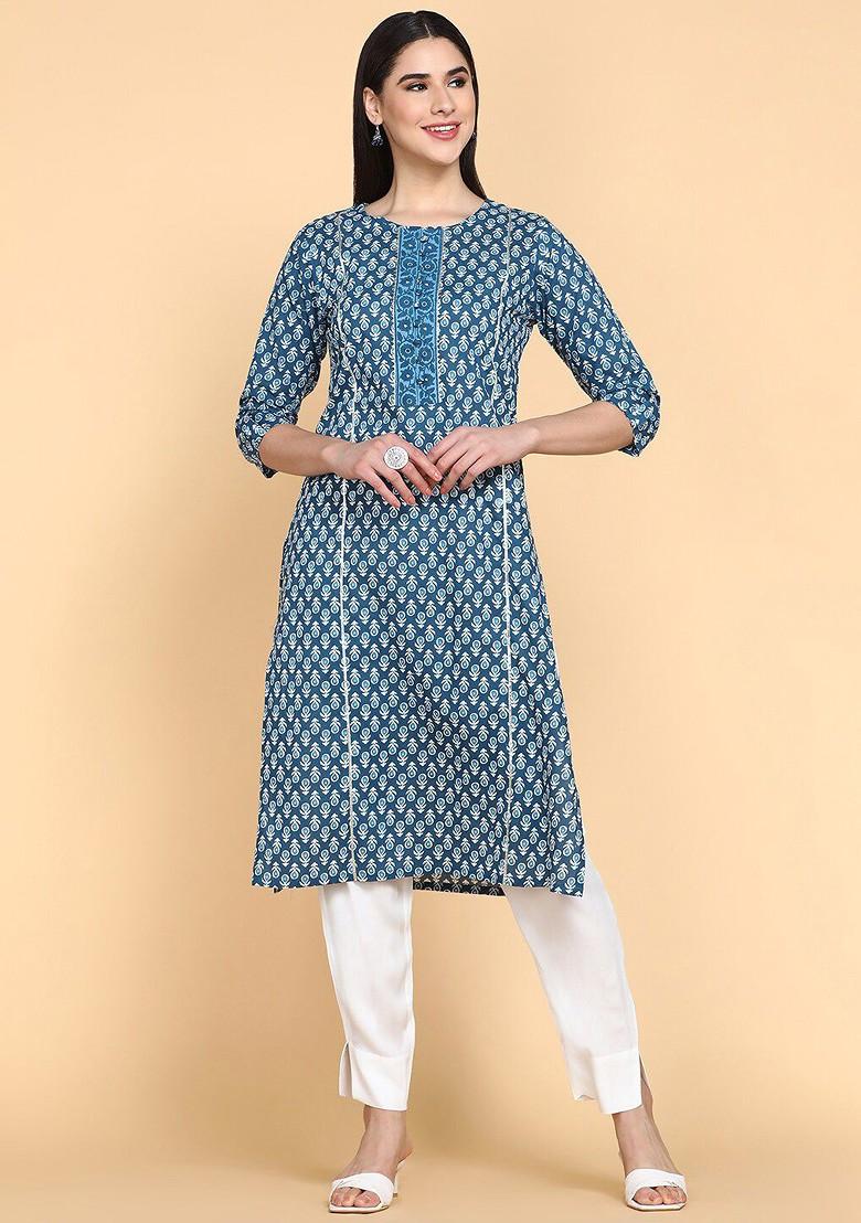 Blue Embroidered Poly Blended Kurtas - Indya