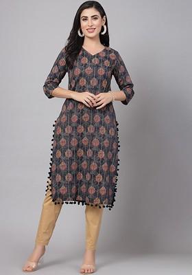 Navy Blue Embroidered Poly Blended Kurtas