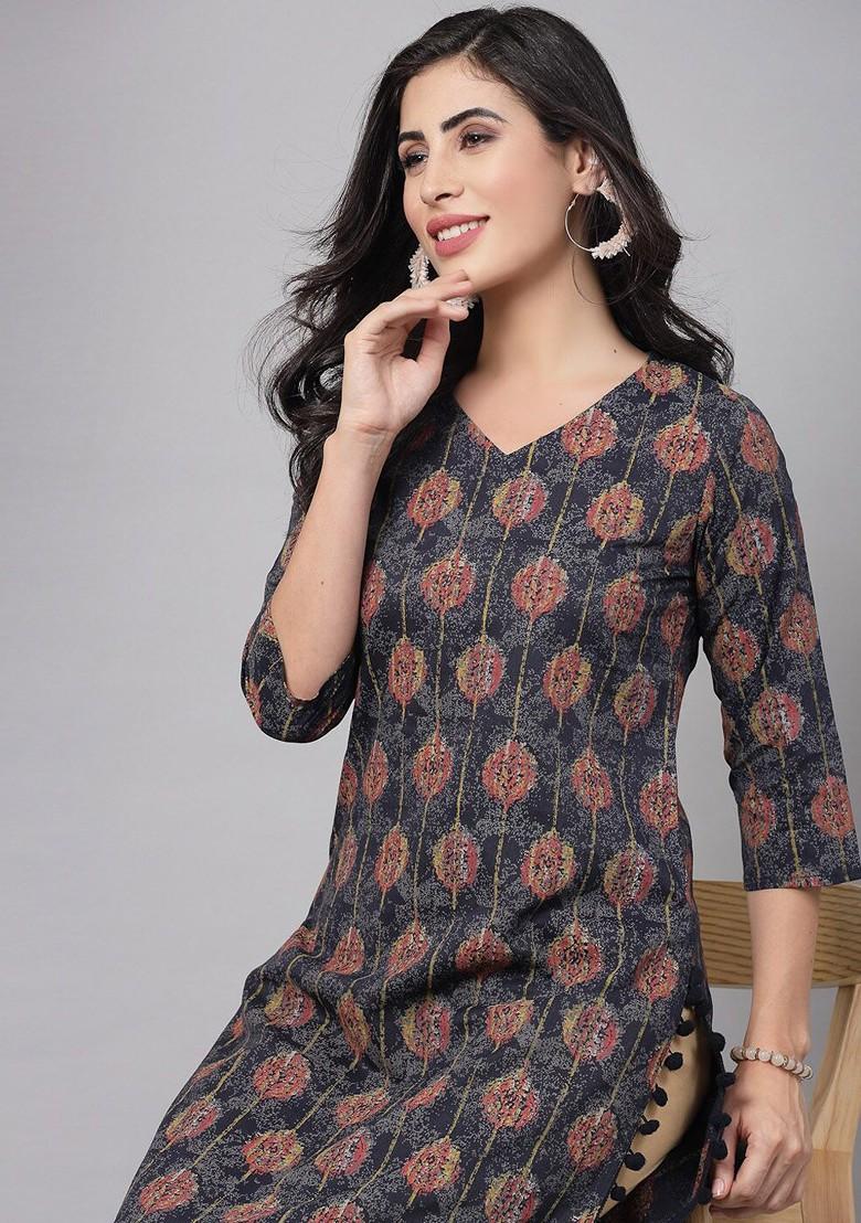 Navy Blue Embroidered Poly Blended Kurtas - Indya