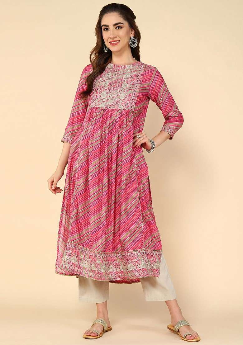 Pink Embroidered Poly Blended Kurtas - Indya