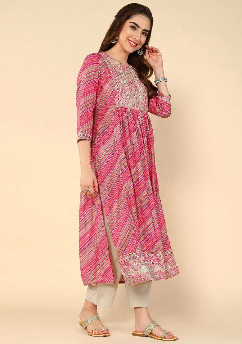 Pink Embroidered Poly Blended Kurtas - Indya