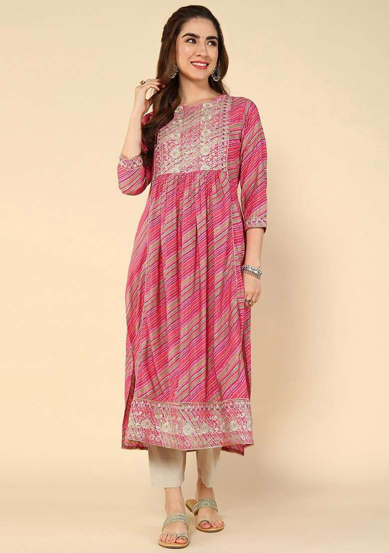 Pink Embroidered Poly Blended Kurtas - Indya