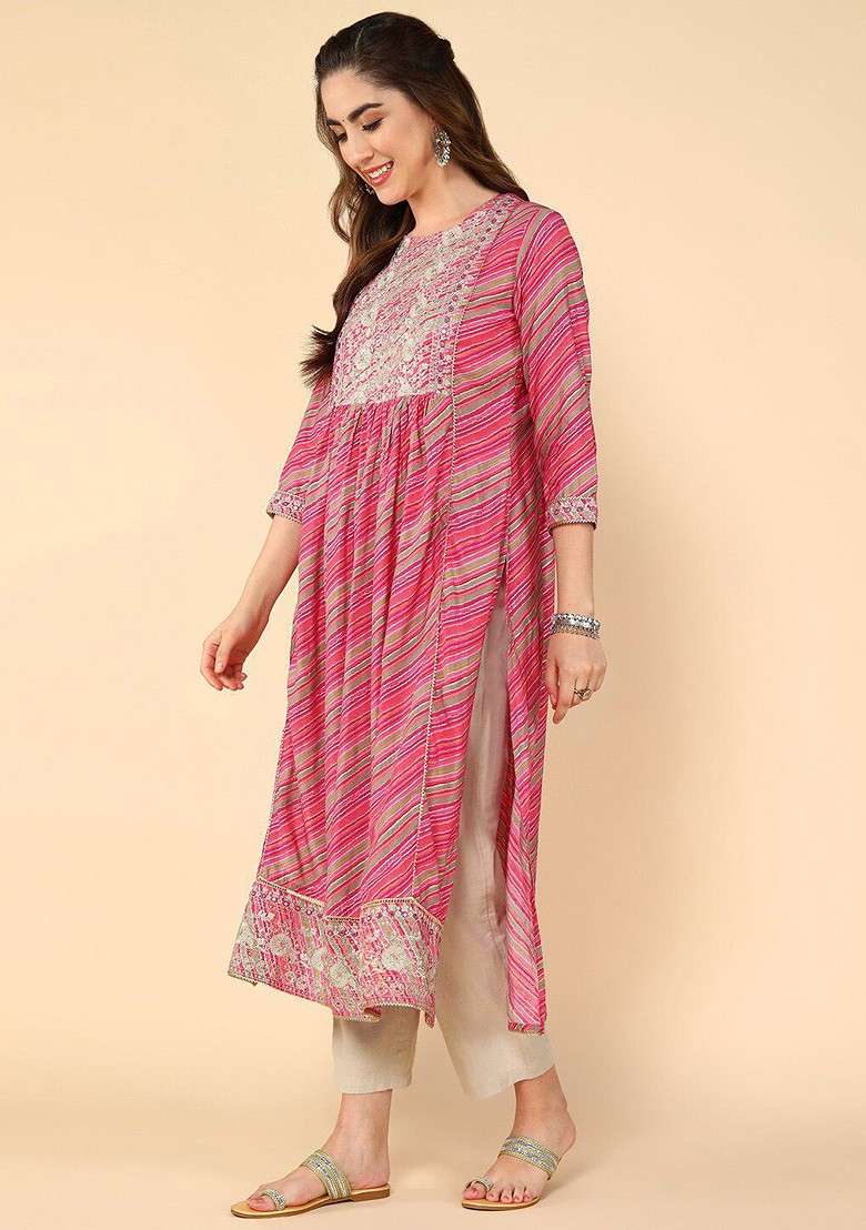 Pink Embroidered Poly Blended Kurtas - Indya