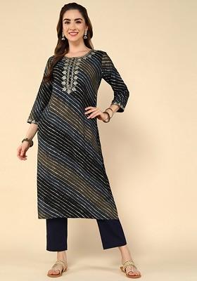 Navy Blue Embroidered Poly Blended Kurtas