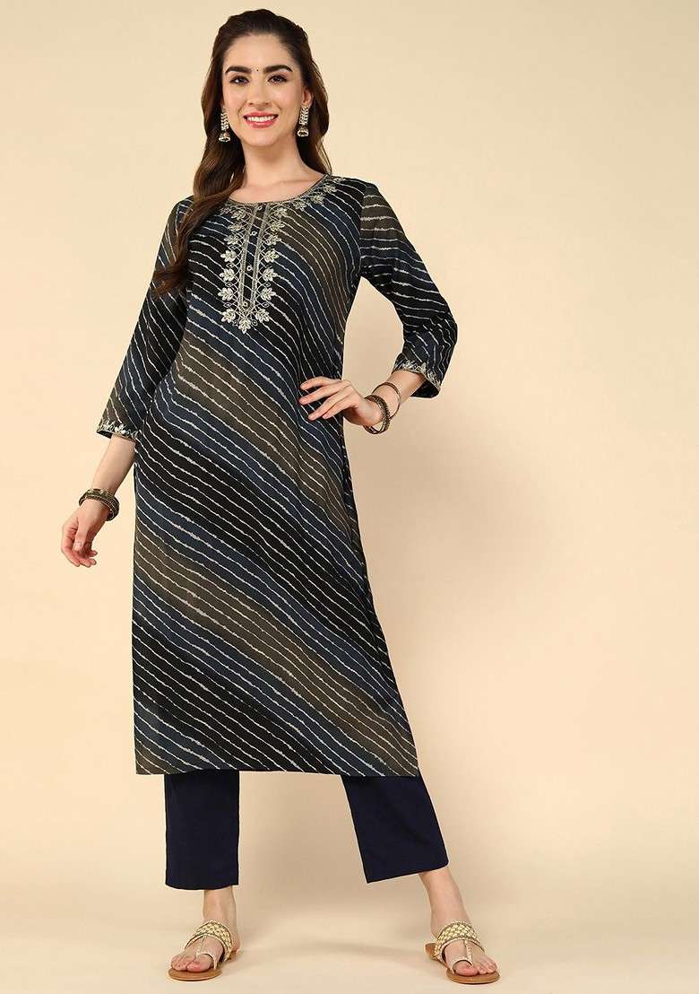 Navy Blue Embroidered Poly Blended Kurtas - Indya