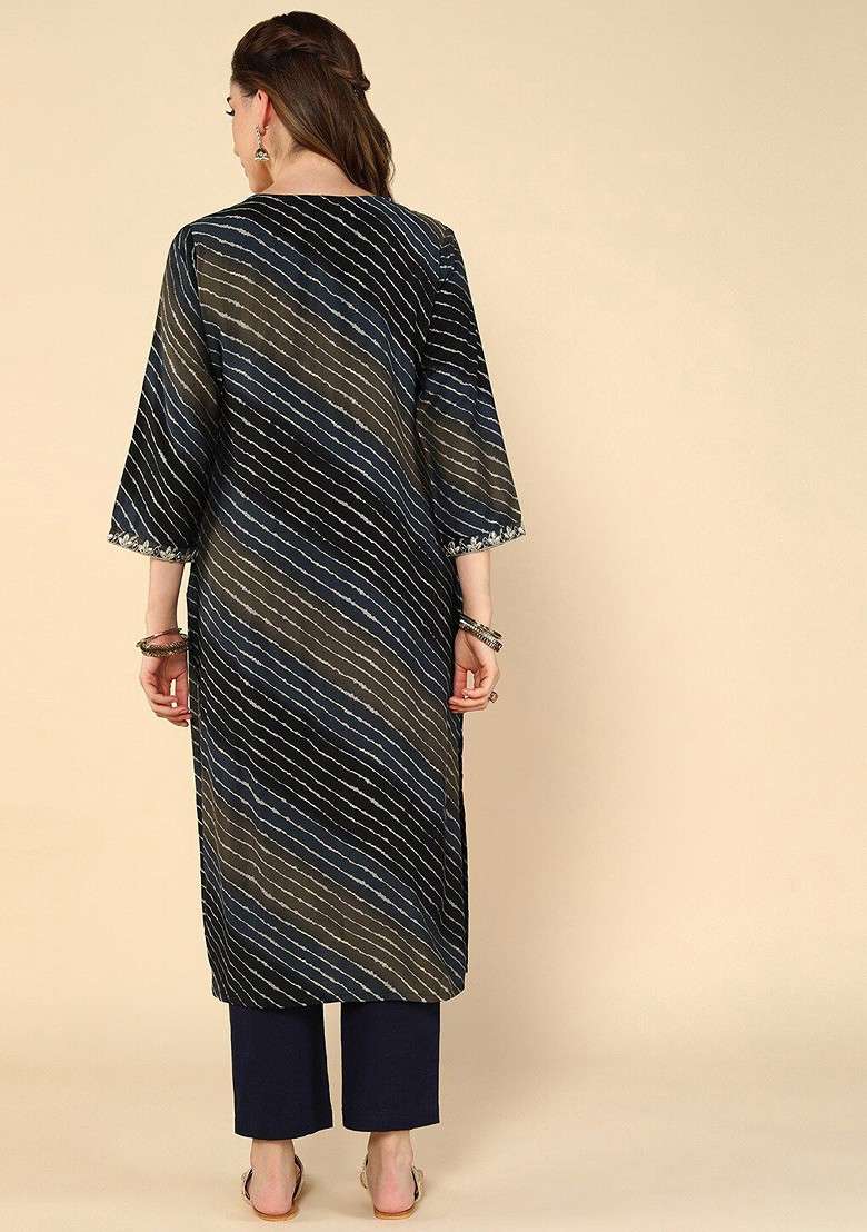 Navy Blue Embroidered Poly Blended Kurtas - Indya