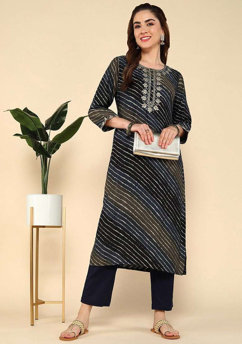 Navy Blue Embroidered Poly Blended Kurtas - Indya