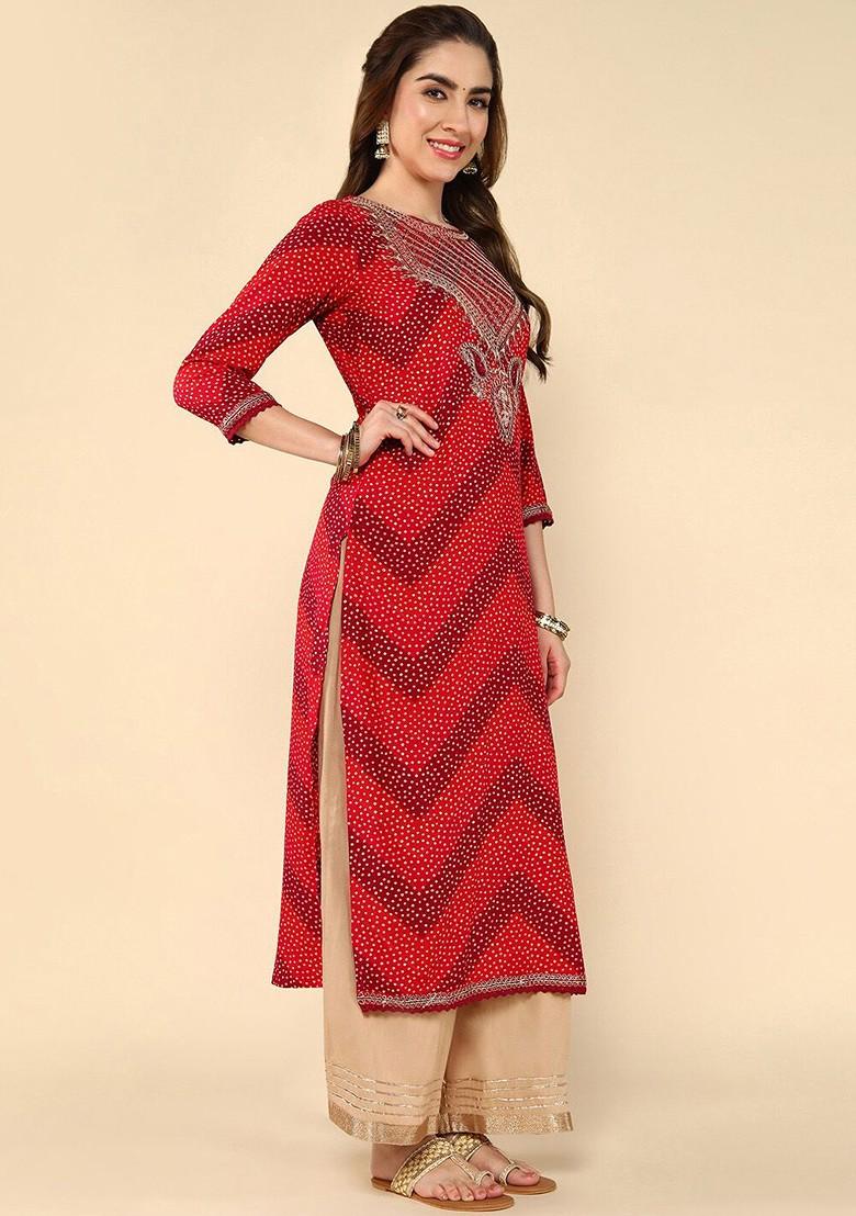 Maroon Embroidered Poly Blended Kurtas - Indya