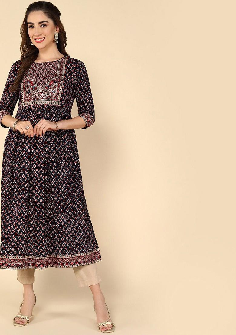 Maroon Embroidered Poly Blended Kurtas - Indya