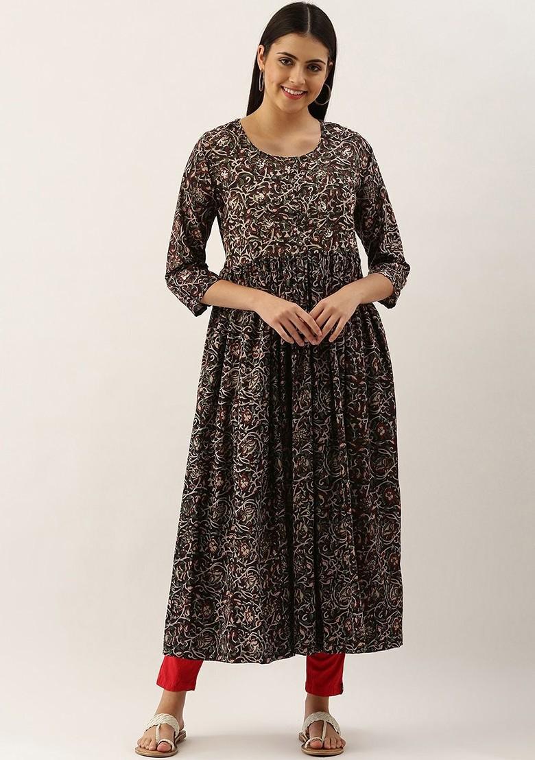 Black Embroidered Poly Blended Kurtas - Indya