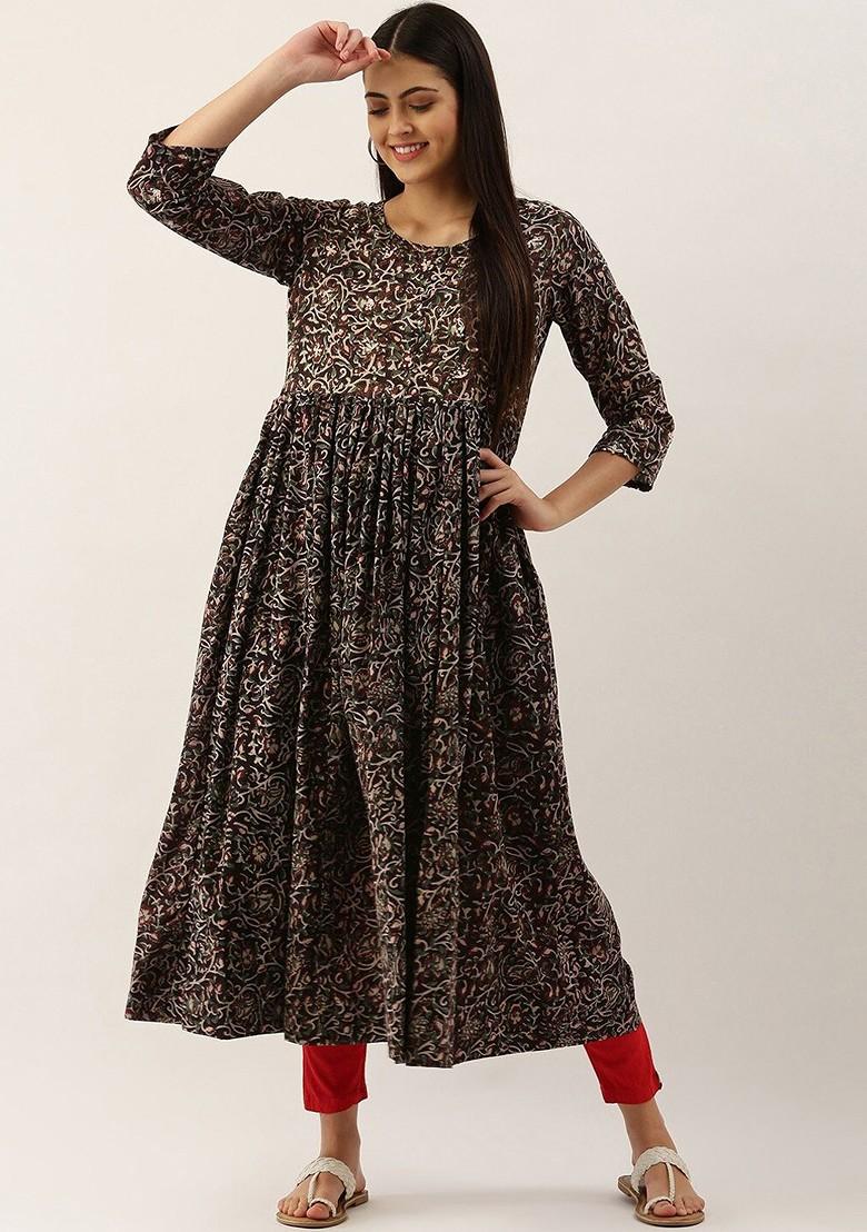 Black Embroidered Poly Blended Kurtas - Indya