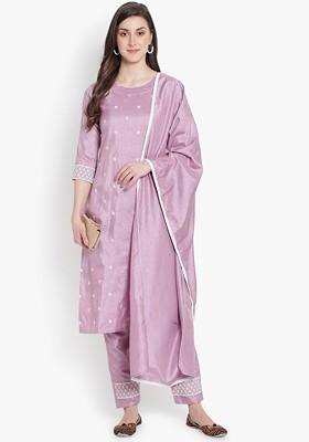 Purple Embroidered Poly Blended Kurta Sets
