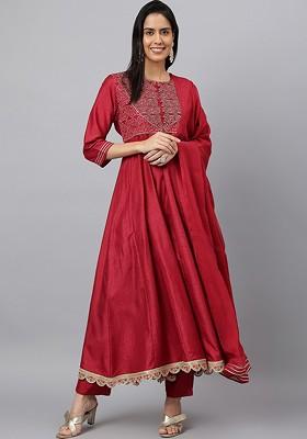 Red Embroidered Poly Blended Kurta Sets