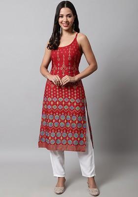 Red Embroidered Poly Blended Kurta Sets