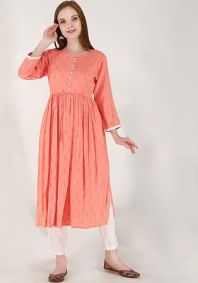 Peach Embroidered Poly Blended Kurtas