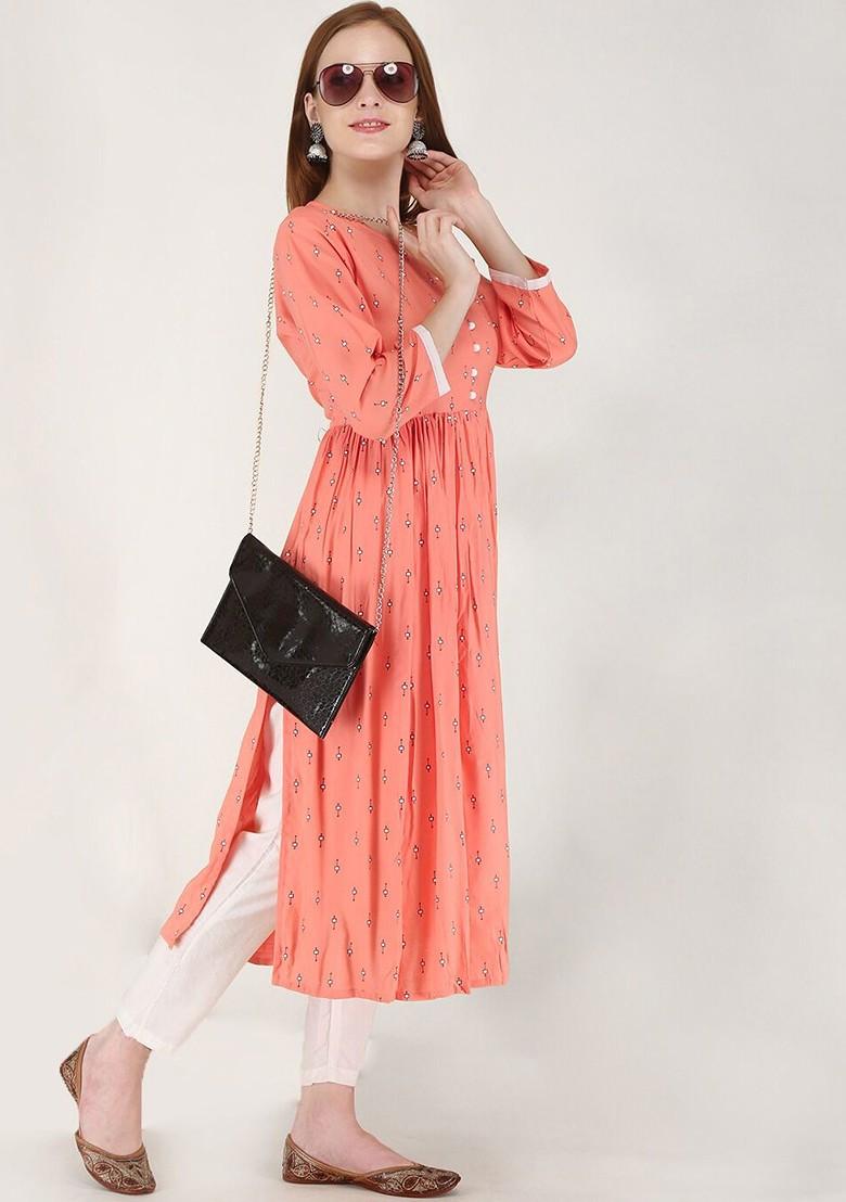 Peach Embroidered Poly Blended Kurtas - Indya