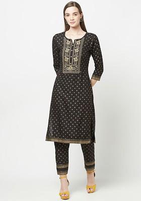 Black Embroidered Poly Blended Kurta Sets
