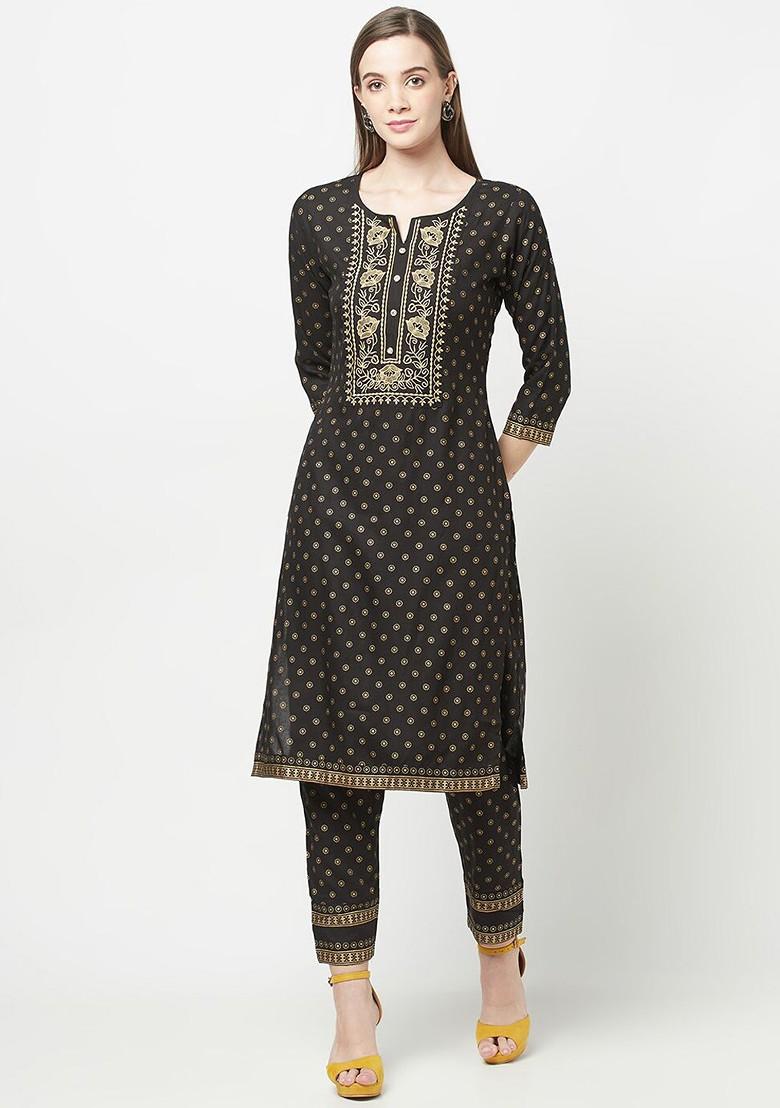 Black Embroidered Poly Blended Kurta Sets - Indya