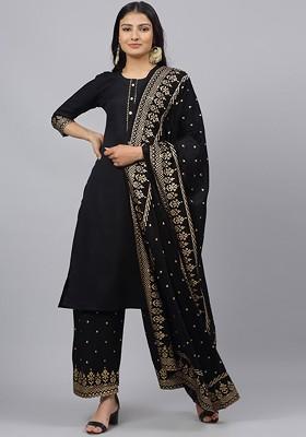 Black Embroidered Poly Blended Kurta Sets