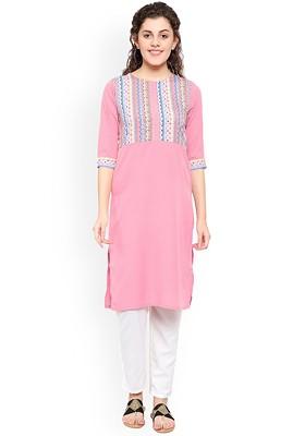 Pink Embroidered Poly Blended Kurtas