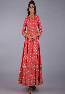 Orange Embroidered Poly Blended Kurtas