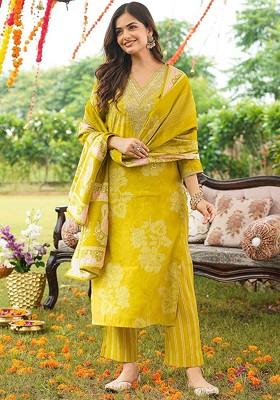 Lime Green Embroidered Poly Blended Kurta Sets