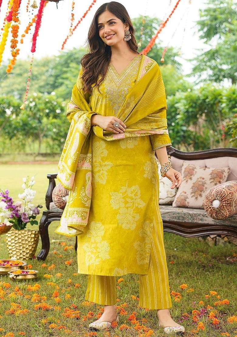Lime Green Embroidered Poly Blended Kurta Sets - Indya