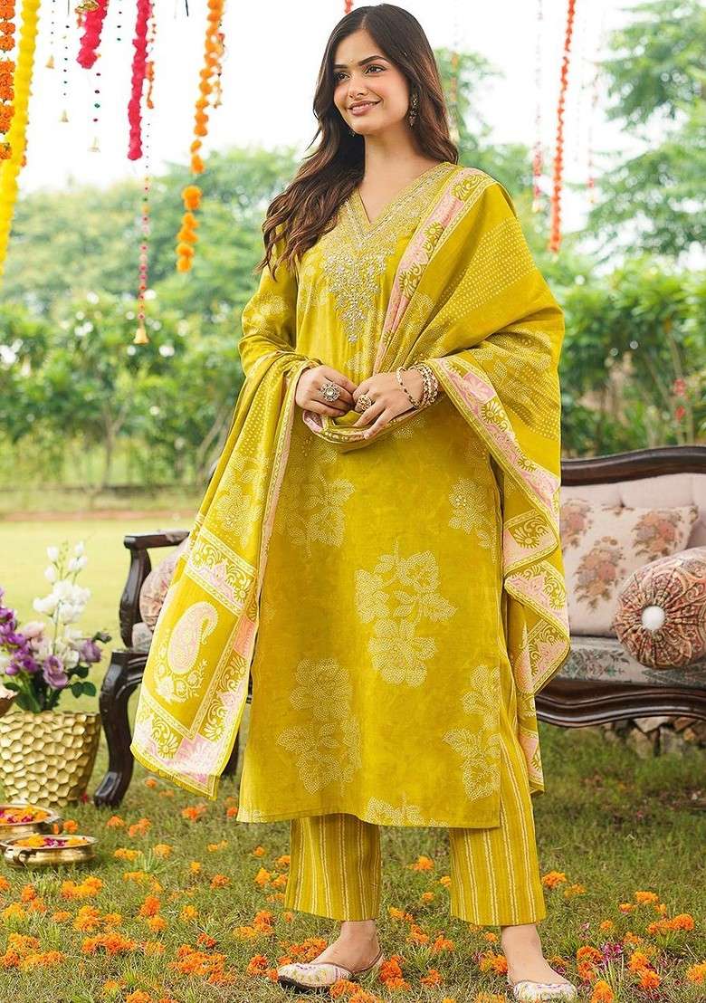 Lime Green Embroidered Poly Blended Kurta Sets - Indya