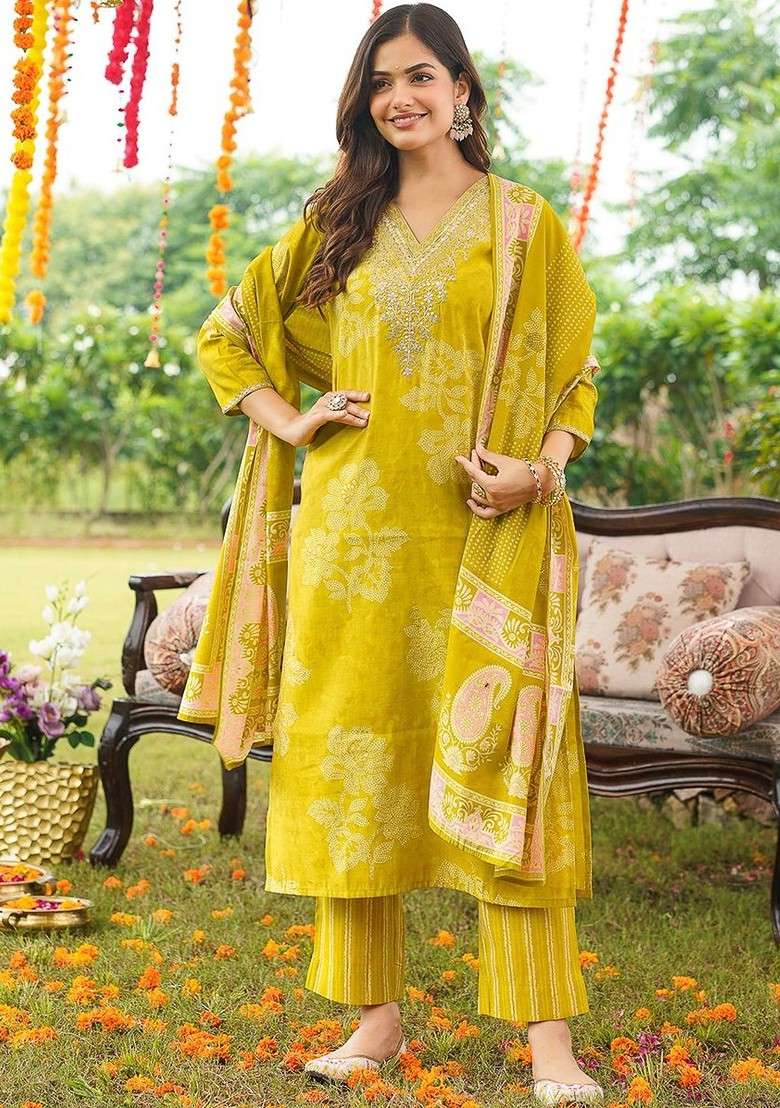 Lime Green Embroidered Poly Blended Kurta Sets - Indya