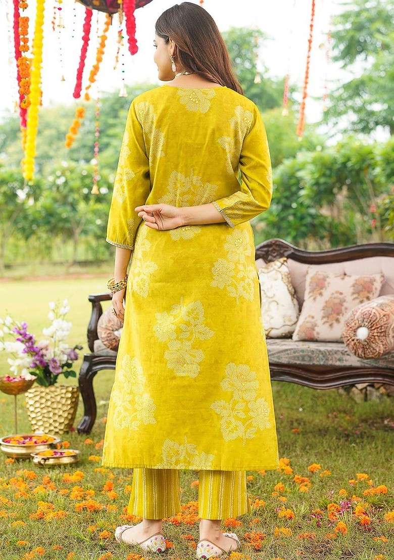 Lime Green Embroidered Poly Blended Kurta Sets - Indya