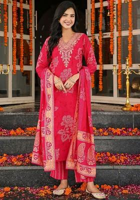 Red Embroidered Poly Blended Kurta Sets