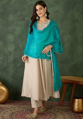 Beige Embroidered Poly Blended Kurta Sets