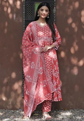 Rust Embroidered Poly Blended Kurta Sets