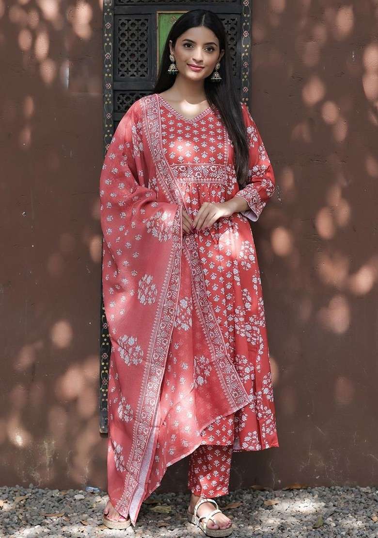 Rust Embroidered Poly Blended Kurta Sets - Indya