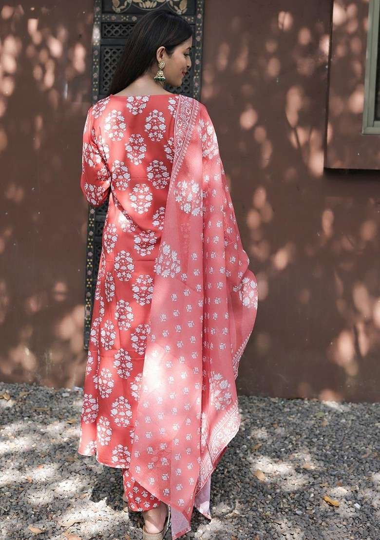 Rust Embroidered Poly Blended Kurta Sets - Indya
