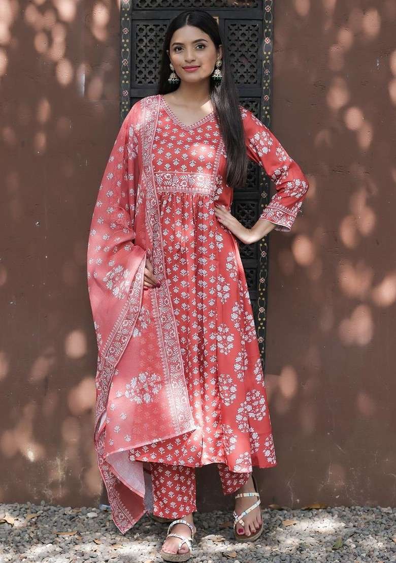 Rust Embroidered Poly Blended Kurta Sets - Indya