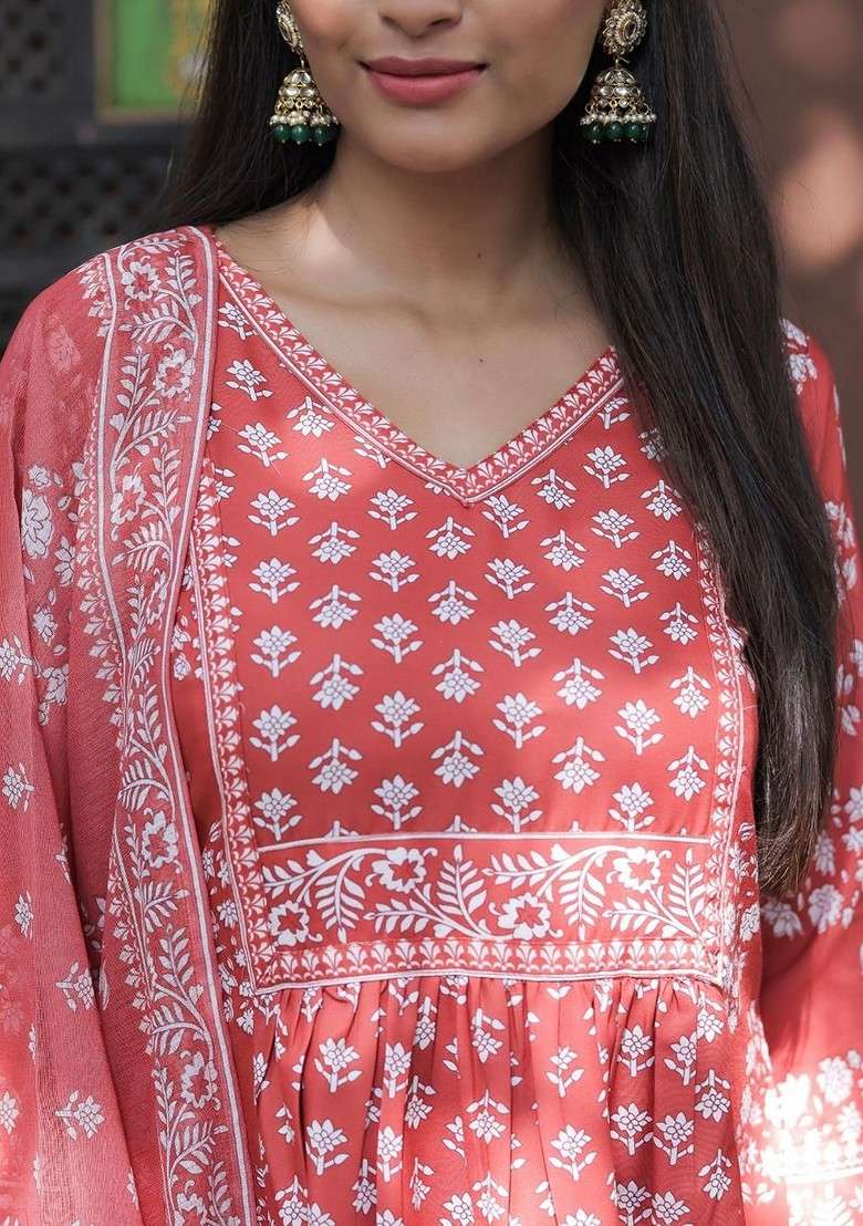 Rust Embroidered Poly Blended Kurta Sets - Indya